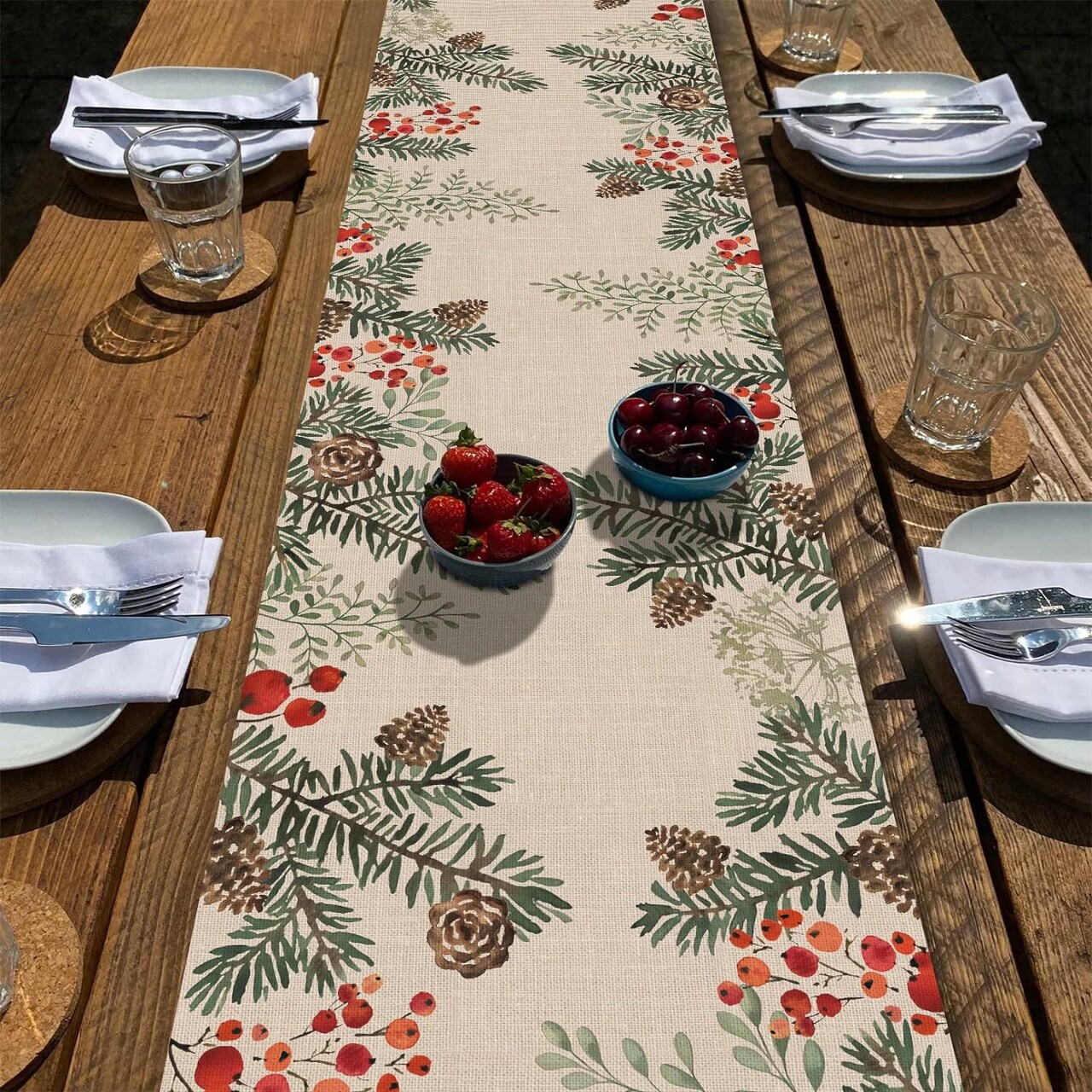 Winter Pine Cone Needle Branch Berry Table Runner, Watercolor Botanical Tabletop Scarf Home Kitchen Plant Decor, Christmas Farmhouse Holiday Rustic Burlap Dining Decorations Party Supply 13 X90